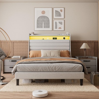 Platform Bed Frame, Upholstered Linen Headboard with Storage, Charging Station & LED Lights, Wood Slat Support, No Box Spring