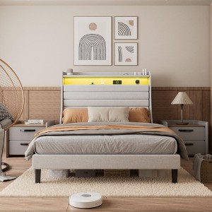 Platform Bed Frame, Upholstered Linen Headboard with Storage, Charging Station & LED Lights, Wood Slat Support, No Box Spring - 1 of 4