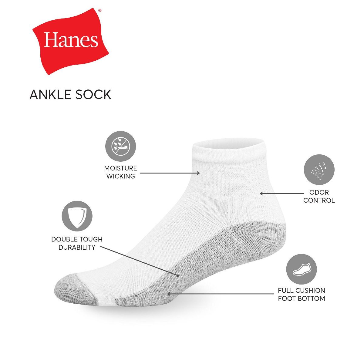 Hanes Double Tough Men's Ankle Socks, Shoe Sizes 12-14, 12-Pairs - thumbnail 4