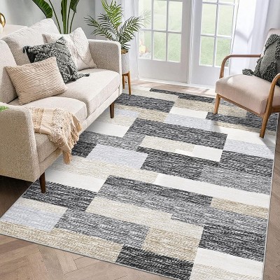 Modern Runner Rug, Geometric Patchwork, Non-Slip, Washable, Low Pile, Hallway, Foldable, Contemporary Carpet, Laundry