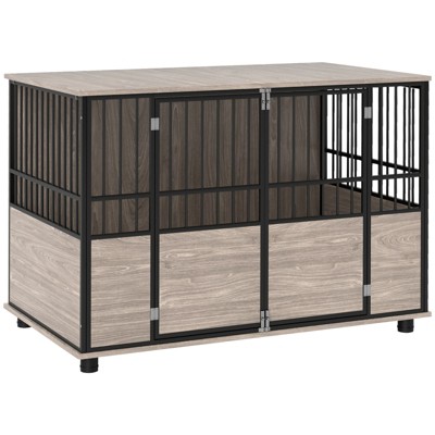 VisioGear 46" Dog Crate, Decorative Dog Kennel Indoor End Table with Double Doors, Multi-Purpose Pet Crate, Brown, 45.7"*26.8"*31.1"