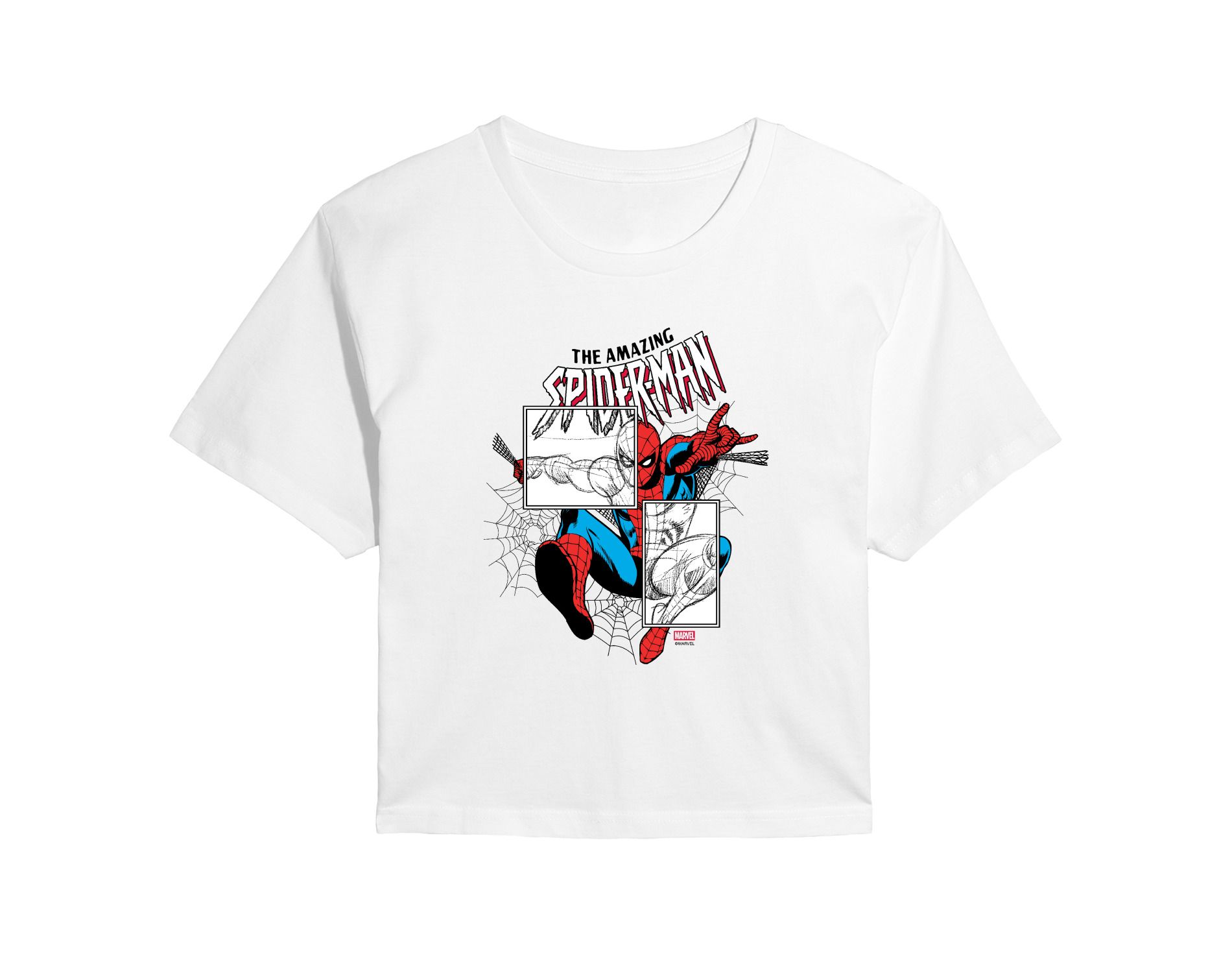 Women's Marvel Spiderman Sketch Blocks Cropped Graphic T-Shirt - White - 2 X-Large
