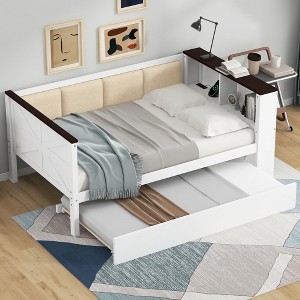 Twin/Full Size Daybed with Upholstered Backrest, Wood Sofa Bed Frame Platform Bed with USB Ports, Trundle & Storage Shelves, White - ModernLuxe - 1 of 4