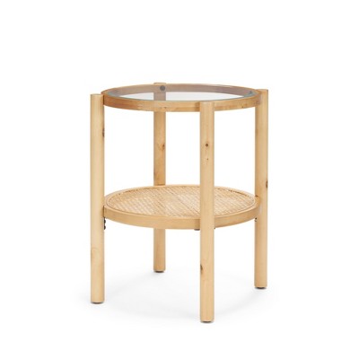 HomeRoots 24" Clear and Light Brown Glass and Solid Wood Round End Table With Shelf