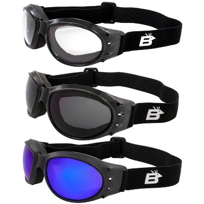 3 Pairs of Birdz Eyewear Eagle Safety Motorcycle Goggles with Clear, Smoke, Blue Lenses