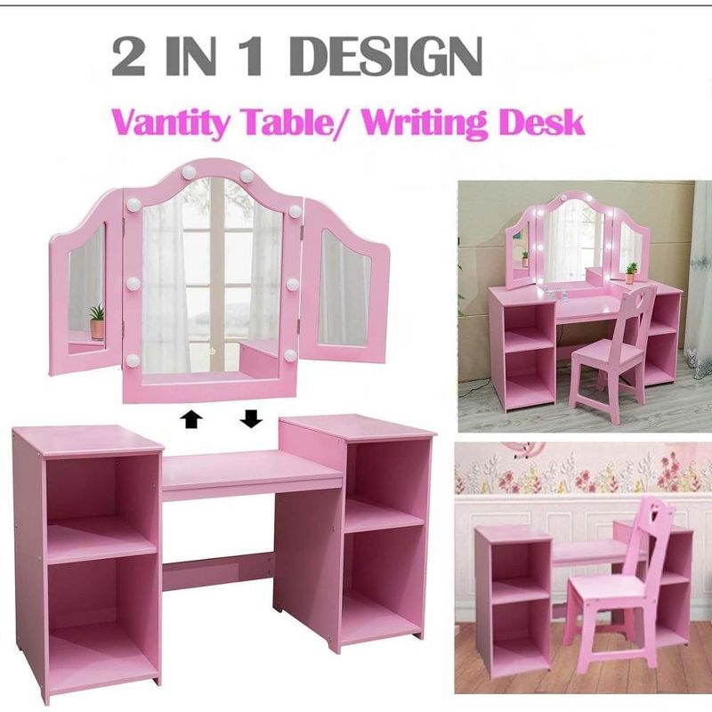 Whizmax 2 in 1 Wooden Princess Makeup Desk Dressing Table, Kids Vanity with Mirror, Light,Stool & Drawer, 2 of 9