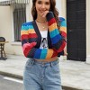 Women's V-Neck Hollow Knit Colorful Striped Cardigan with Tie Waist, Short Length - 3 of 4