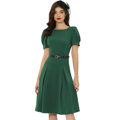 Allegra K Women's Elegant Work Belted Boat Neck Short Sleeve Midi Dresses  Dark Green Medium : Target