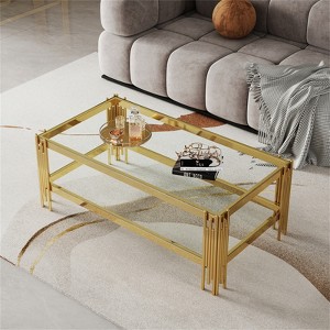 RISOKEYS Double Layer Tempered Glass Coffee Table - Mirror Finish Stainless Steel Frame, Modern Living Room Furniture, Elegant Gold Tone Table - 1 of 4