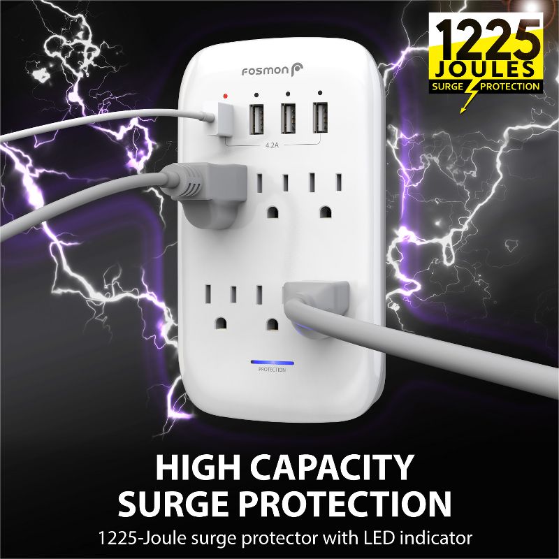 Fosmon [ETL Listed] 6-Outlet Plug Extender Wall Mount Surge Protector (1,225J) with 4-Port USB - White, 4 of 10