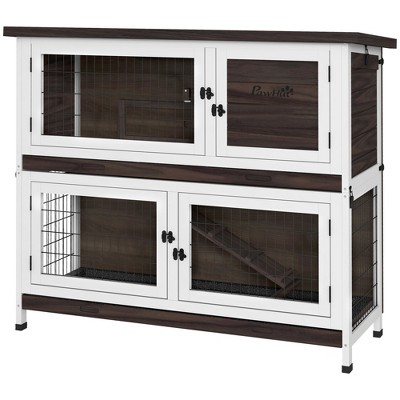 46" Brown and White Wooden Double-Decker Guinea Pig Hutch