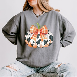 Simply Sage Market Cow Pumpkin Coquette Distressed Lightweight Garment Dyed Sweatshirt - 1 of 3