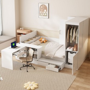 Full Size Platform Bed Frame with 6 Drawers, Shelves, Desk, USB Ports & Wardrobe - ModernLuxe - 1 of 4