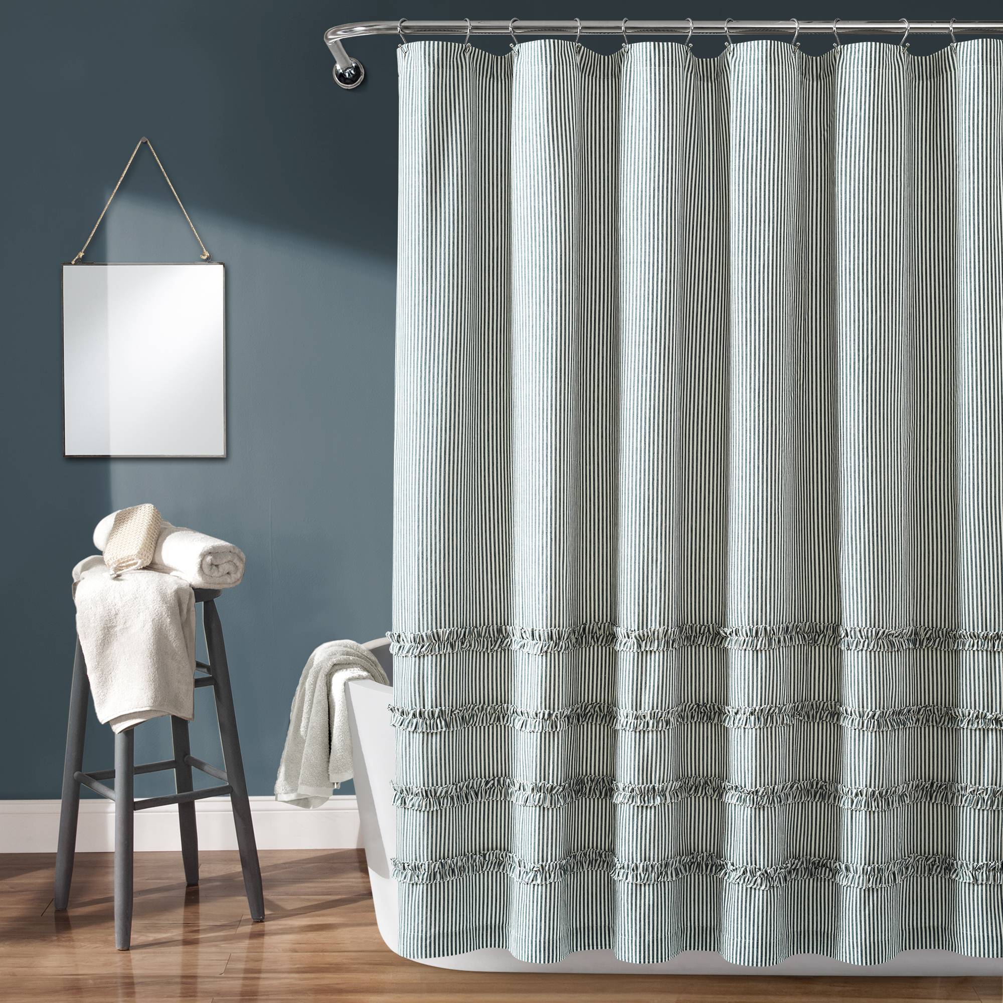 Vintage Stripe Yarn Dyed Cotton Shower Curtain Denim Blue/White - Lush Décor