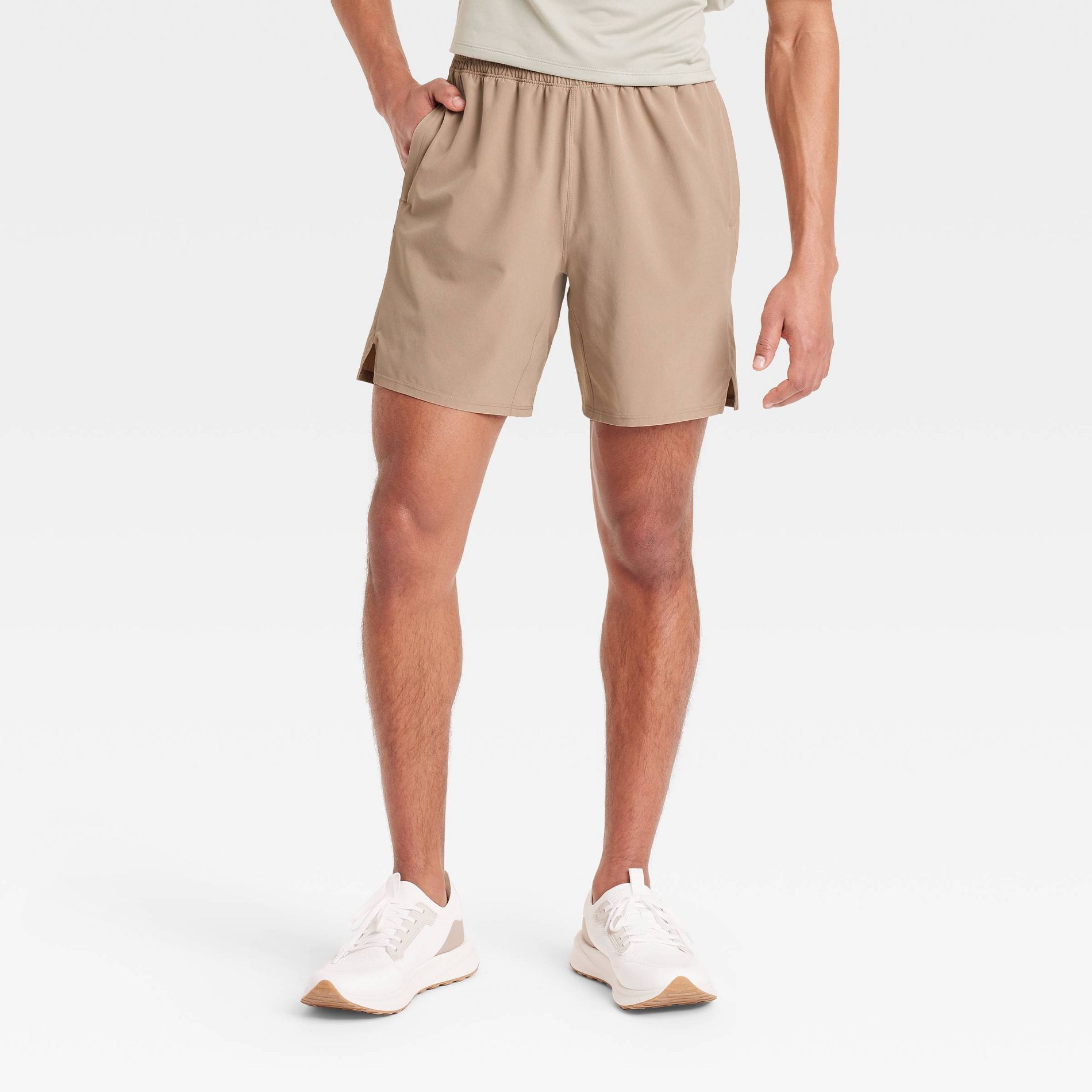 Men's Active Light Unlined Run Shorts 7" - All In Motion™ Tan S: Adjustable Waistband, Zippered Pocket