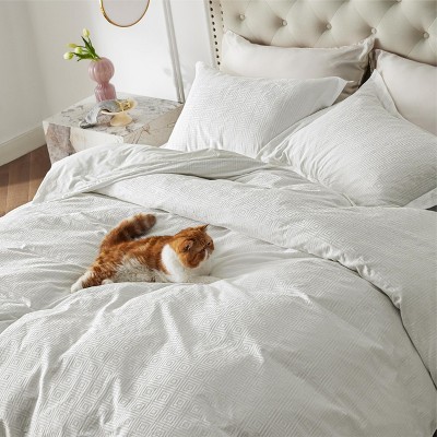 Cotton Duvet Cover Boho Textured Embroidery Jacquard Duvet Cover Set Soft and Breathable Bedding Set for All Seasons