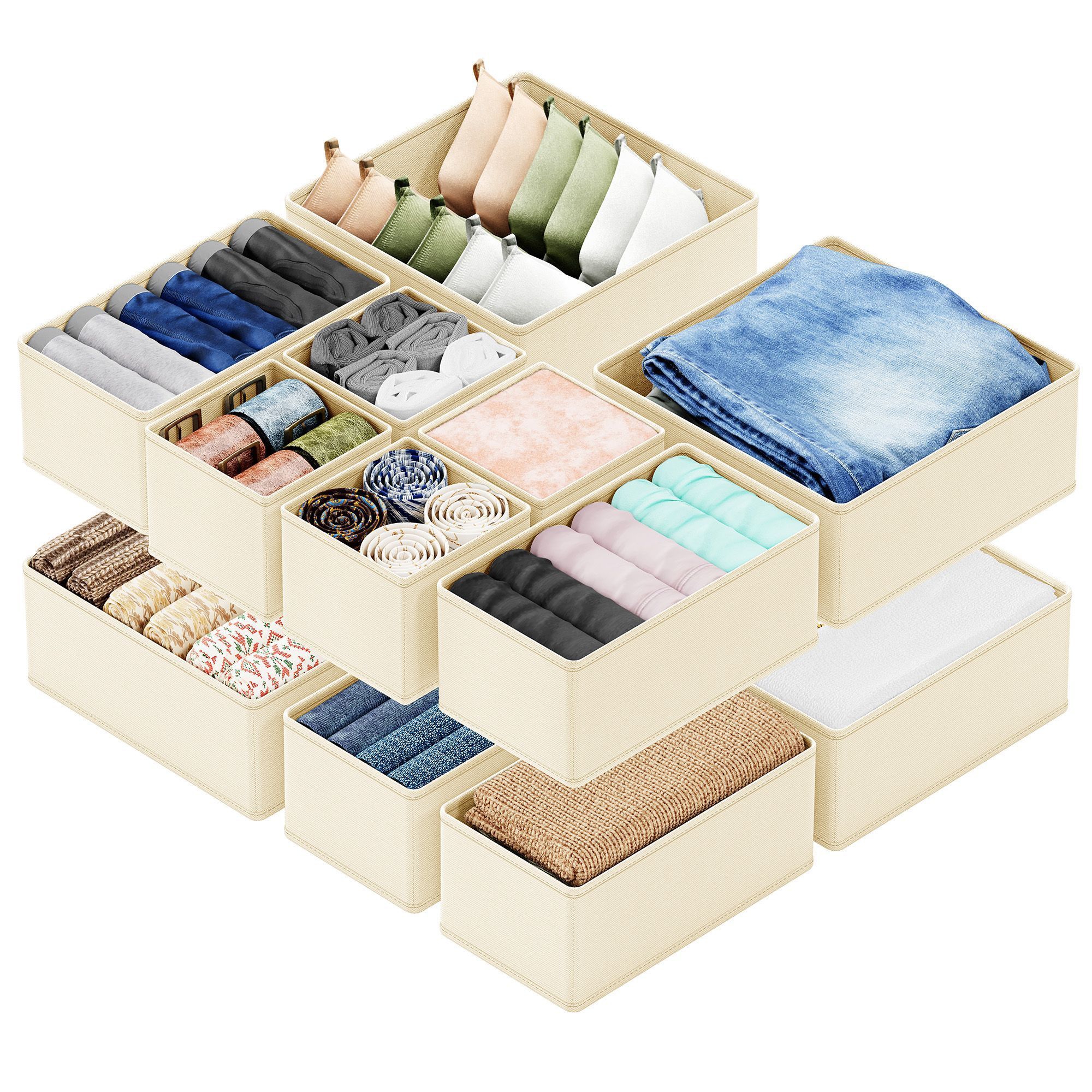 Set of 12 Collapsible Drawer Organizer Bins for Clothes, Closet Organizers and Storage Dividers for Clothing (Beige)