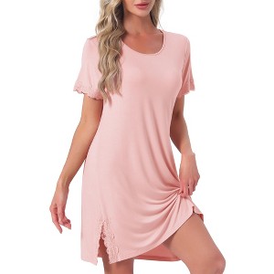 INSPIRE CHIC Women's Nightgowns Lace Trim Round Neck Short Sleeve Sleepwear Night Shirts Soft Sleep Pajama Dress - 1 of 4
