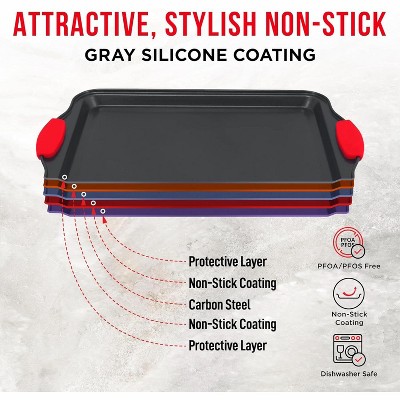 Large Gray Nonstick Carbon Steel Cookie Sheet Pan with Red Handles