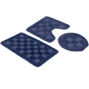 Home Mart Goods Navy Blue Bath Set 3 Piece Anti-Slip Checkered Bathroom Mat, Large Contour Mat & Toilet Seat Lid Cover - 1 of 3