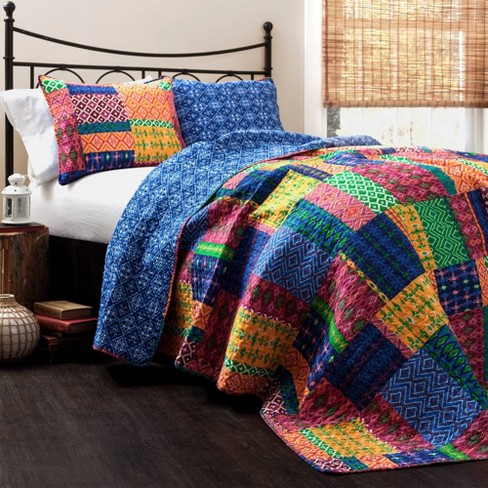 Misha 3 Piece Quilt Set (King) Fuchsia/Navy - Lush Décor