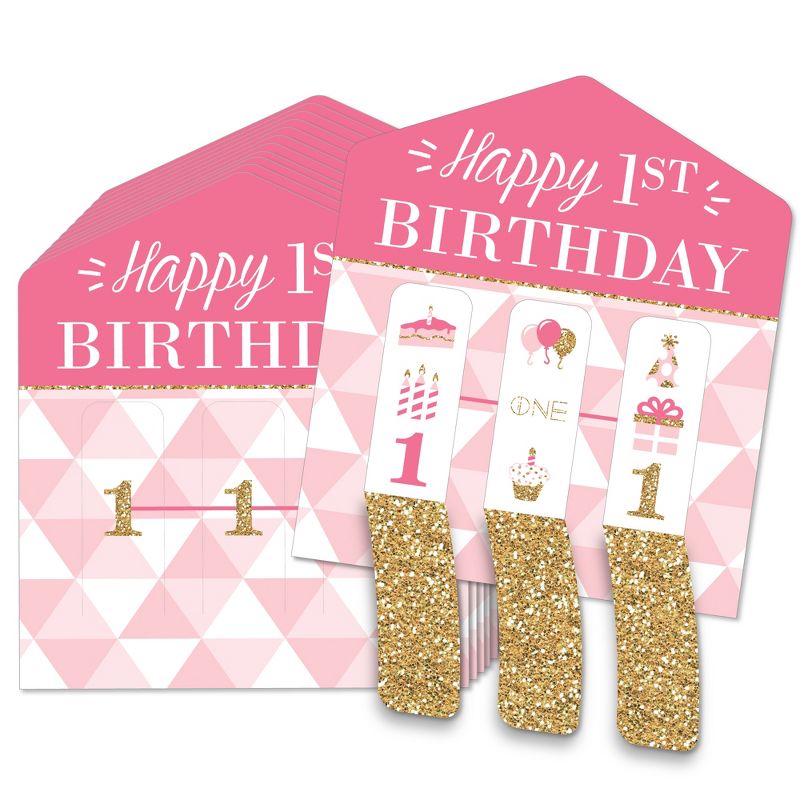 Big Dot of Happiness 1st Birthday Girl - Fun to be One - First Birthday Party Game Pickle Cards - Pull Tabs 3-in-a-Row - Set of 12, 1 of 7