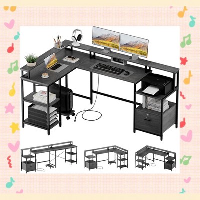 Garvee Versatile 76" L Shaped Office Desk – Reversible Computer Desk with Power Outlet, File Drawer, and Gaming Monitor Shelf for Home Office