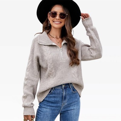 Womens Turtle Neck Cable Knit Sweater Half Zipper Trendy Cable & Rib Knit Textured Oversized Sweater Boyfriend Fit Loose Fit Winter Cozy Pullovers