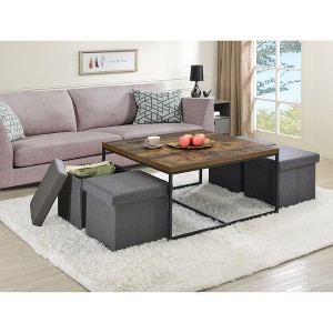 35" MDF and Wood 5-Piece Coffee Table Set with Storage Stools and Adjustable Legs for Living Room or Family Spaces - 1 of 4
