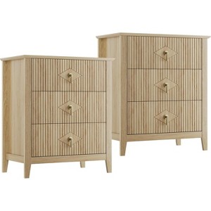 2Pcs Fluted Wood Nightstands, 27.5" Wide 3-Drawer Dresser Set, Modern Bedside Tables, Chest of Drawers for Bedroom, Living Room - 1 of 4
