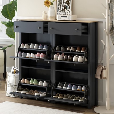 TIRAMISUBEST Slim Tipping Bucket Shoe Cabinet Set with 4 Flip Drawers, Shoe Storage Solution with Adjustable Panel, Modern Shoe Rack with Drawers