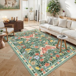 Washable Floral Butterfly Area Rug, Botanical Farmhouse Style Rug, Stain Resistant and Easy Care Carpet, Reinforced Edges - 1 of 4