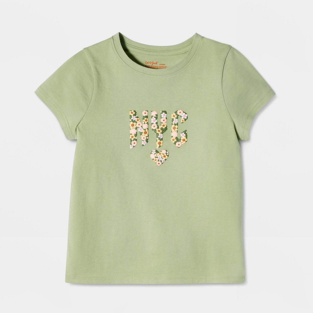 Girls' Short Sleeve 100% Cotton 'Floral NYC' Graphic T-Shirt - Cat & Jack™ Olive Green - thumbnail 2