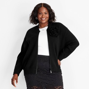 Women's Rosette Sweater Bomber Jacket - Future Collective Black - 1 of 3