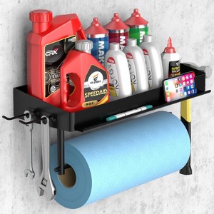 Black Garage Paper Towel Holder with Shelf, Wall Mounted with 2 Detachable Hooks for Tool Room - 1 of 4