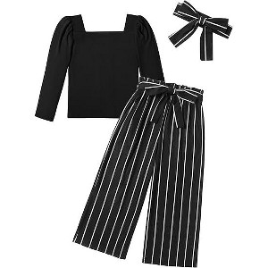 Arshiner Girls Clothing Sets Square Neck Rib Knit Shirts + Stylish Wide Leg Pants + Headband Cute 3pcs Fall Clothes Outfits - 1 of 4