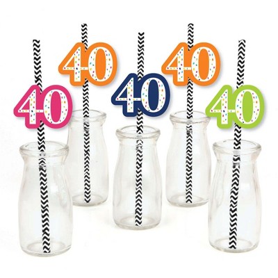 Big Dot of Happiness 40th Birthday - Cheerful Happy Birthday - Paper Straw Decor - Fortieth Birthday Party Striped Decorative Straws - Set of 24