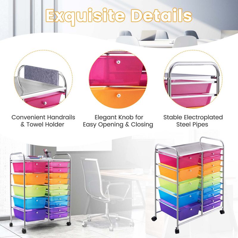 Costway 15 Drawer Rolling Storage Cart Tools Scrapbook Paper Office School Organizer Colorful, 5 of 13