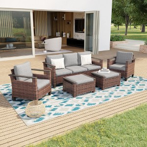Sonkuki 5 Pieces Patio Sofa with Ottomans Set, All-Weather PE Rattan Wicker, Small Patio Conversation Couch with Cushion - 1 of 4
