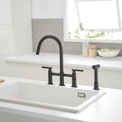 Modern Black Double Handle Bridge Kitchen Faucet with Side Sprayer
