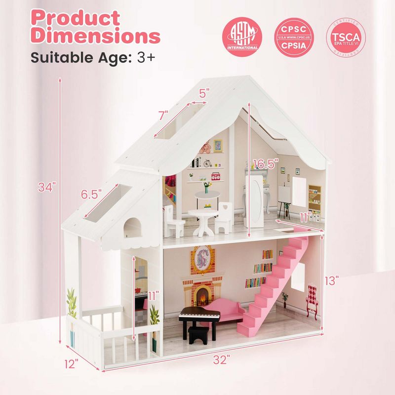 Costway Kids Wooden Dollhouse Semi-Opened DIY Playset with Simulated Rooms & Furniture, 3 of 11