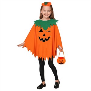Clotth Kids' Halloween Pumpkin Glow Cape Outfit - Round Neck Cloak with Bag, Cute Festival Dress Up for Boys & Girls, Orange - Free size - 1 of 4