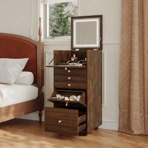Famapy Walnut Rolling Vanity Dresser – LED Mirror + Multi-Layer Storage + Foldable Worktop - 1 of 4