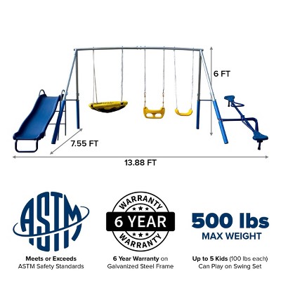 Taylor White and Blue Metal Swing Set with Slide and Teeter Totter