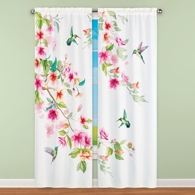 Collections Etc Vibrant Hummingbird Floral Scene Printed Curtain Set 34" WIDE, 2 of 3