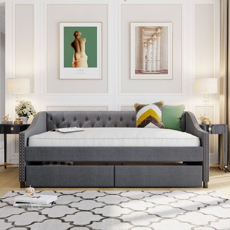 Full Size Upholstered Wood Daybed, Platform Sofa Bed with Two Drawers-ModernLuxe, 1 of 9