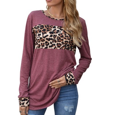 Anna-Kaci Women's Long Sleeve Pullover Top with Leopard Print Chest Panel and Cuff Accents