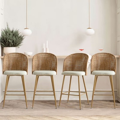 Rattan Woven Backed Bar Stool Set Of 4 Upholstered Seat Bar Stool Chair For Kitchen Island Or Bar With Cushion-Tanpinhause