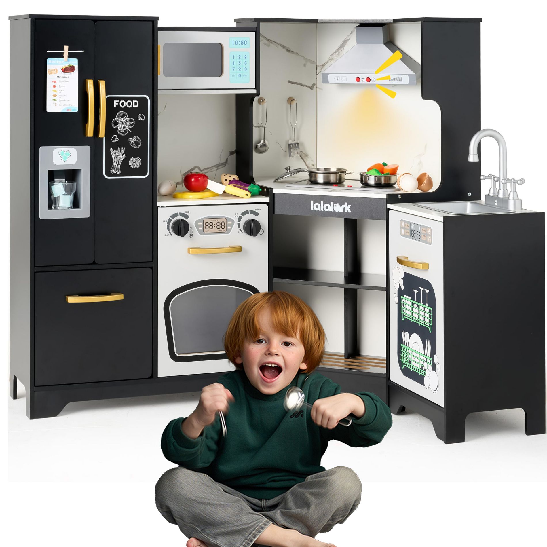 Joyfy Pretend Kitchen Playset Wooden Corner Kitchen with Lights & Sounds Play Food Toys Fridge Ice Maker & Cookware Birthday Gift for  Kids Ages 3+