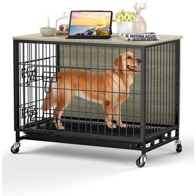 Dog Crate Furniture,Double-Doors Dog Kennel Indoor with Removable Tray and Wheels, Decorative Dog Cage End Table